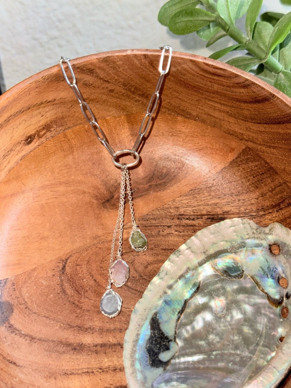 Silver paperclip Multi-Gem Drop Necklace with Pink, Green, and blue Stones - Picture 2 of 4
